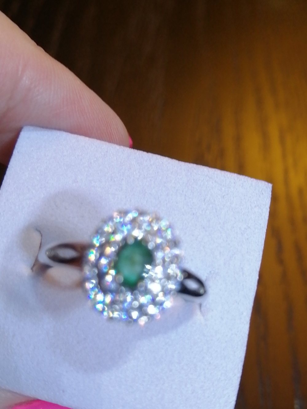 Natural Emerald Sparkling Crystals Halo Silver Plated Adjustable Ring